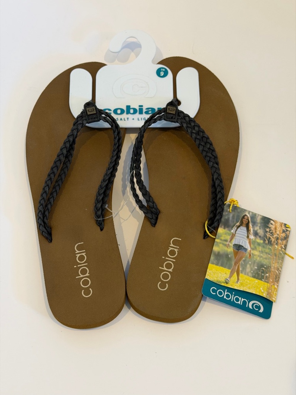 Cobian Brown Footbed Flip Flops with Black Braided Straps